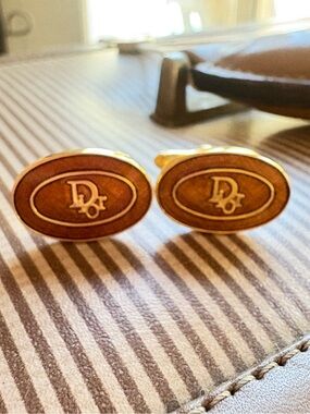 Dior Gold-Tone Oval Brown Enamel Logo Cufflinks